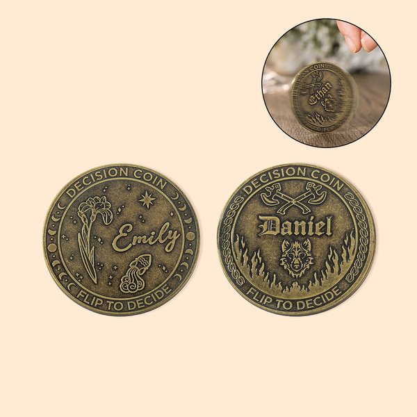 Gepersonaliseerde messing Flip to Decide Naam Beslisser Munt met Geboortebloem en Sterrenbeeld Paar Gift
