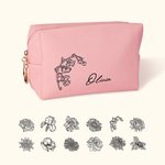 Sac de Maquillage en Cuir Imperméable Personnalisé avec Fleur de Naissance et Nom Cadeau Fête des Mères Anniversaire pour Elle