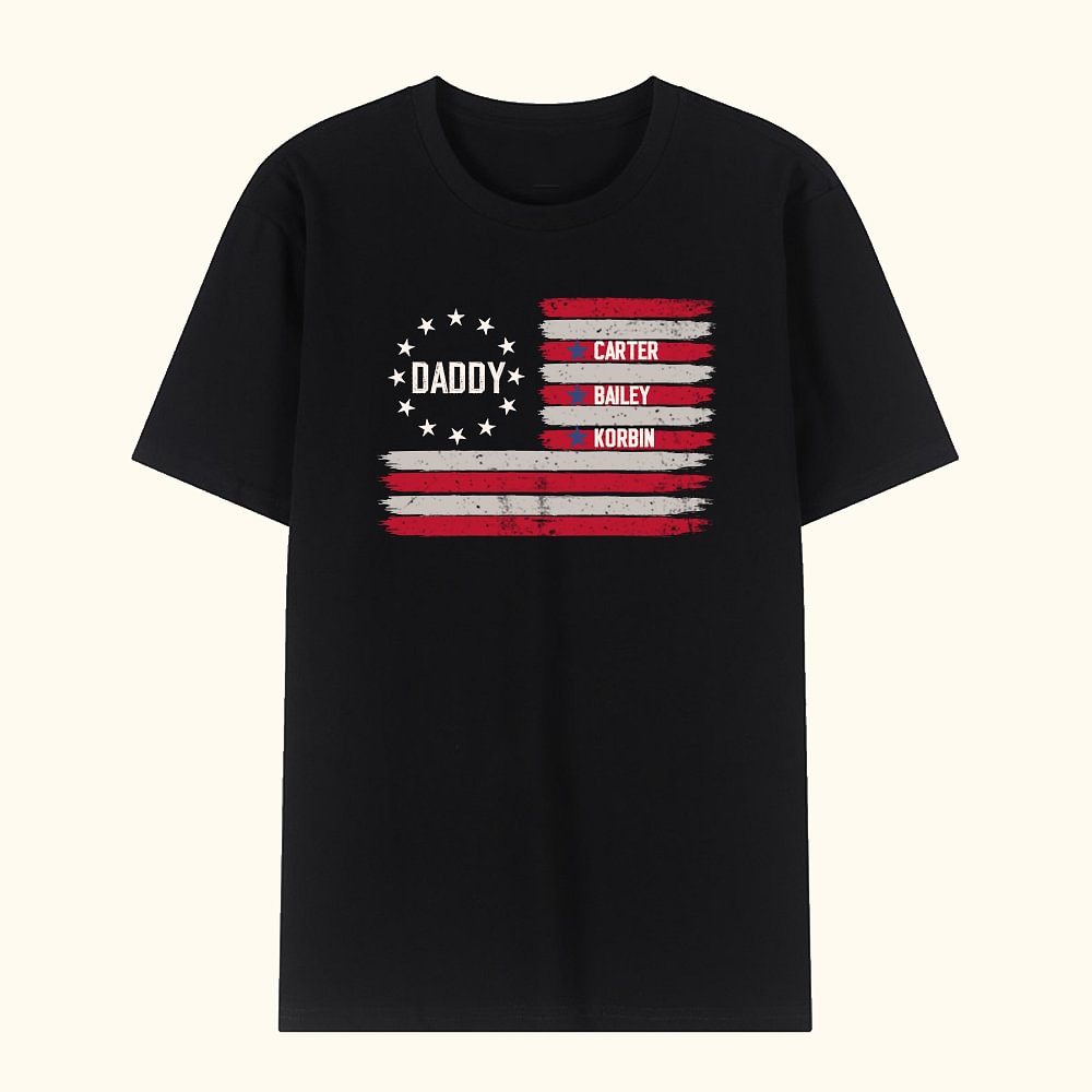 T-shirt personnalisé drapeau américain 100% coton avec 1-8 noms Fête des pères Cadeau d'anniversaire pour papa