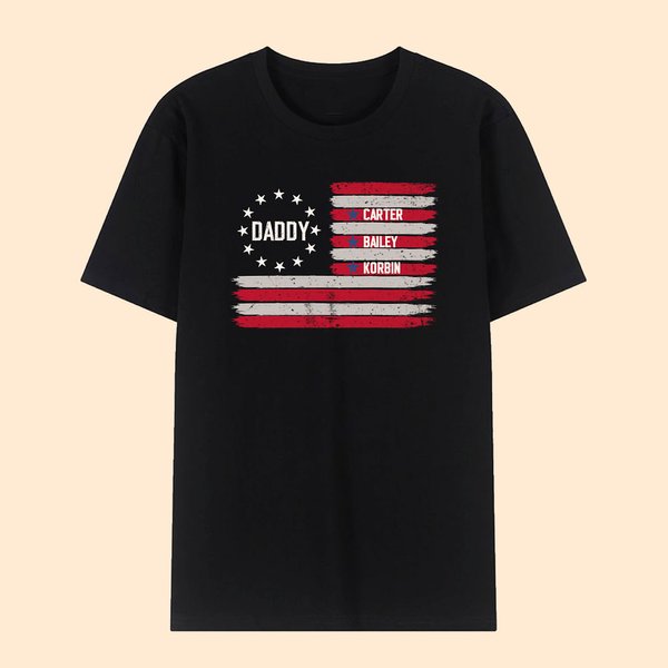 Camiseta personalizada Bandera Americana 100% Algodón con 1-8 Nombres Día del Padre Regalo de Cumpleaños para Papá