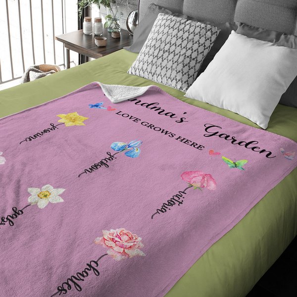 Personalised 1-13 Birth Flowers Love Grows Here Soft Blanket with Names Mother's Day for Mom Grandma