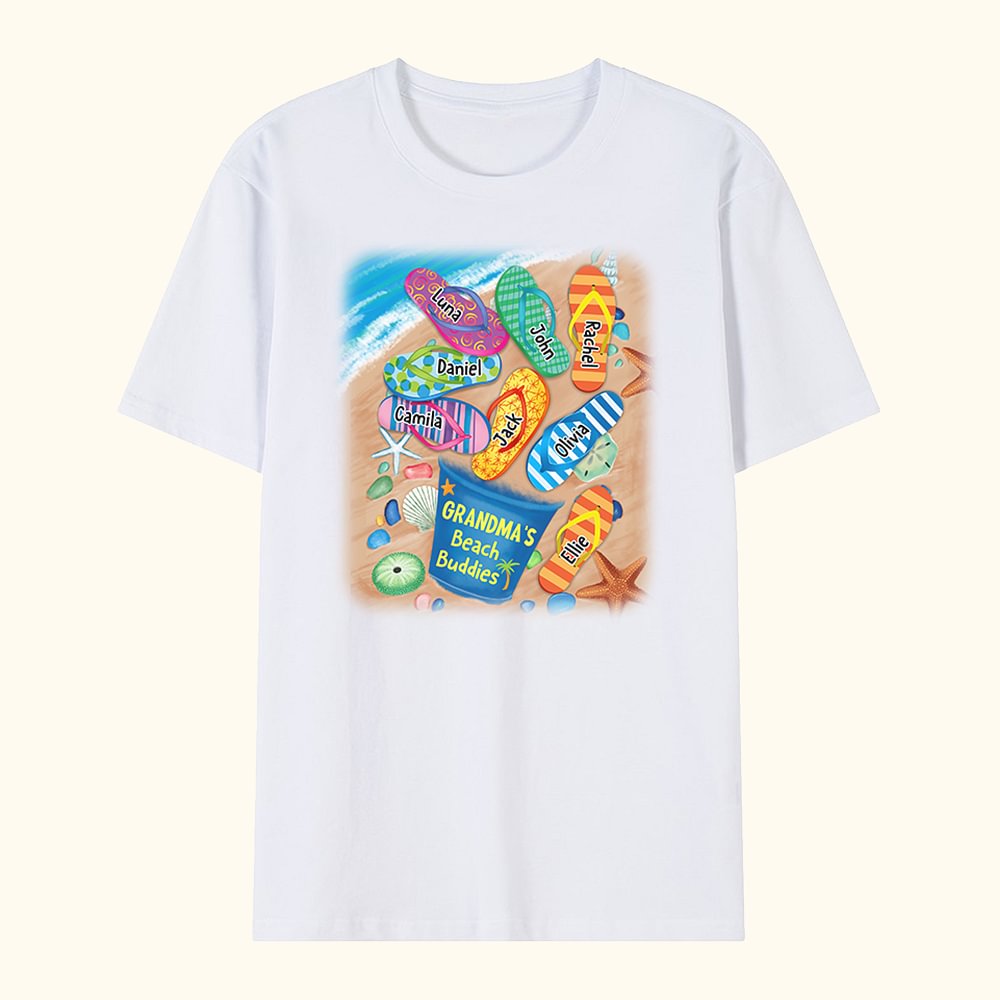 T-shirt Adulte 100% Coton Personnalisé avec Surnom et 1-8 Noms Enfants sur Chaussons de Plage Cadeau Fête des Pères Mères Voyage à Plage pour Famille