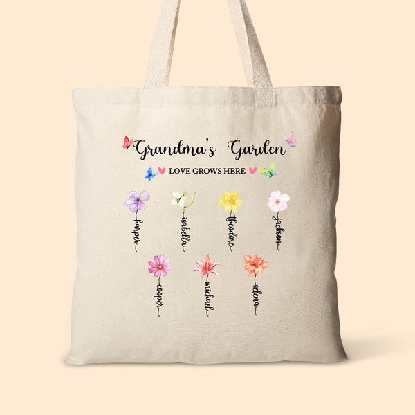 Personalisierte Omas Garten Aquarell Geburt Blume Canvas Tragetasche mit 1-14 Namen Muttertag Geburtstag Geschenk für Frau