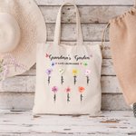 Personalized Grandma's Garden Watercolour Birth Flower Canvas Tote Bag with 1-14 Names Mother's Day Birthday Gift for Woman