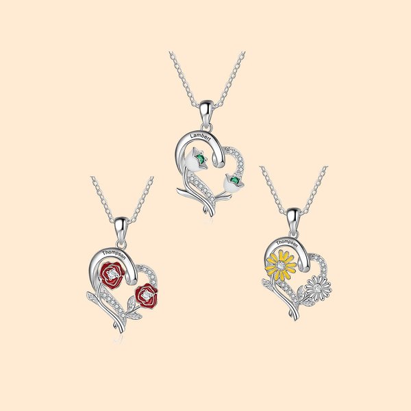 Collier Pendentif Coeur Personnalisé avec Fleurs de Naissance en Émail Coloré et Nom Gravé Anniversaire Fête Cadeau pour Femme