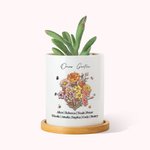 Personalisierter Keramik Pflanzentopf Omas Garten Geburtsblumen-Strauß mit Bambus Sockel und Namen Muttertag Geschenk für Mama Oma