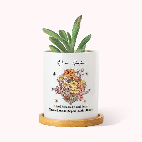 Personalisierter Keramik Pflanzentopf Omas Garten Geburtsblumen-Strauß mit Bambus Sockel und Namen Muttertag Geschenk für Mama Oma