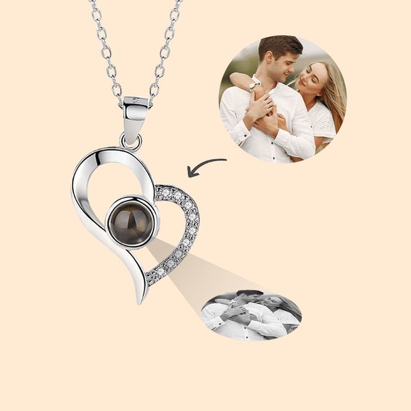 Personalized Sterling Silver Hollow Heart Photo Projection Necklace with I Love You in 100 Languages Birthday Valentine's Day Gift for Her