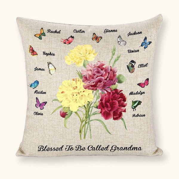 Henkilökohtainen syntymä Perhonen neilikka kukkakimppu pellava tyynynpäällinen nimellä Äitienpäivä Syntymäpäivä lahja äidille isoäidille