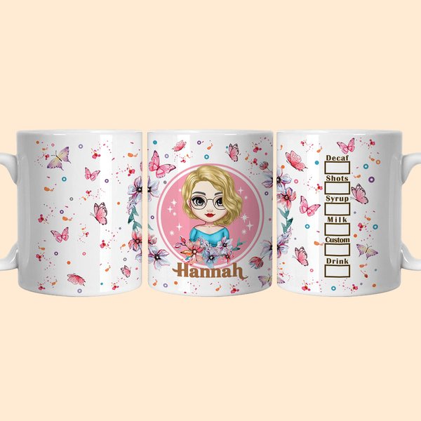 Taza de Cerámica Personalizada Flor Rosa Mariposa 11oz 15oz Blanco con Nombre Cumpleaños Regalo Divertido para Mujer