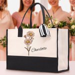 Sac de Plage Personnalisé avec Nom et Fleur de Naissance à l'Aquarelle Sac Tote Imperméable Cadeau Vacances d'Été Soirée de Mariage pour Femme