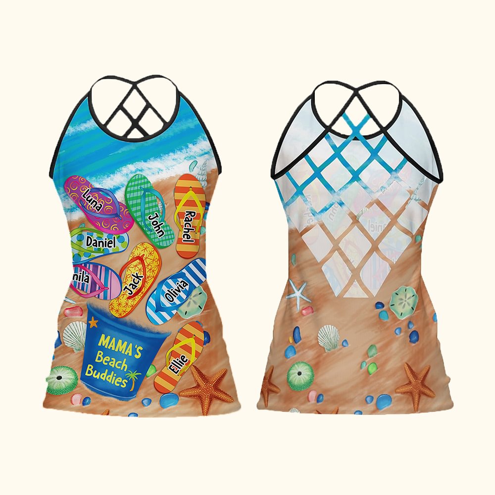 Maillot de Bain une Pièce Personnalisé avec Surnom et 1-8 Noms Enfants Thème MAMA'S Beach Buddies Cadeau Anniversaire Voyage à Plage pour Femme
