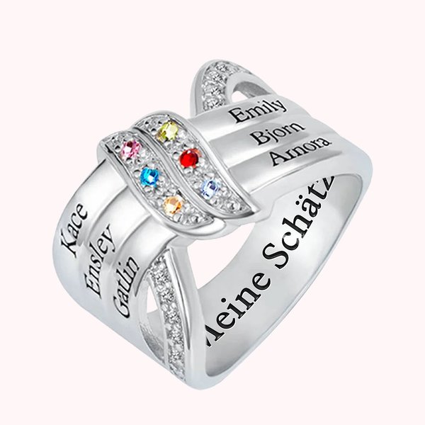Personalisierter Schleife-Ring mit 1-8 Geburtssteinen und Namen Gravur Muttertag Geburtstag Geschenk für Mama Oma Familie