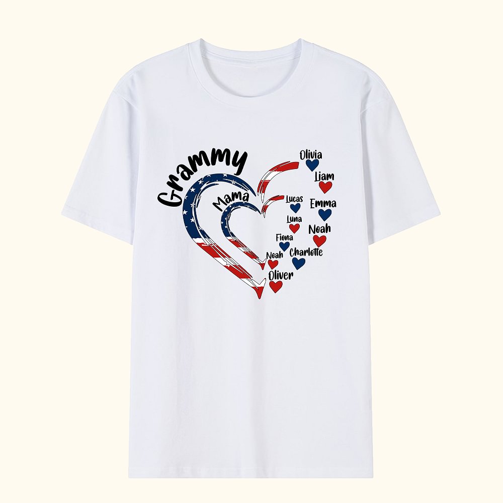 T-shirt Personnalisé avec Surnom et Noms des Enfants Style Drapeau Américain en Cœur Cadeau Jour de l'Indépendance pour Femme Maman Grand-Mère