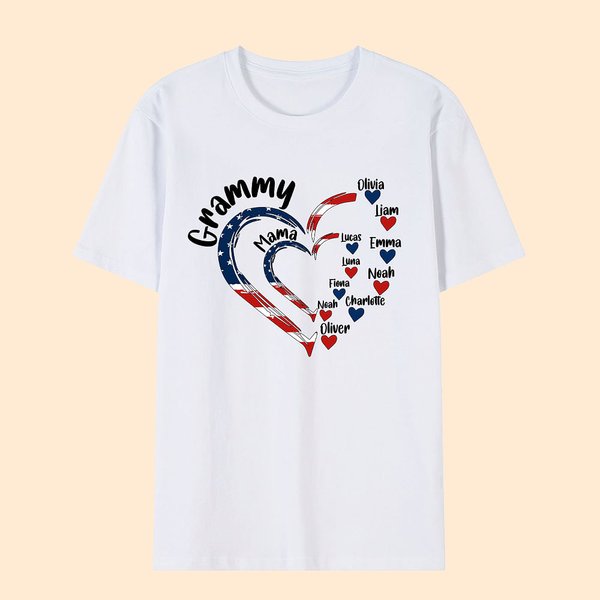 Bandera Americana Personalizada Corazón Camiseta Sudadera con Nombres Día de la Independencia 4 de Julio Regalo para Abuela Mamá