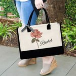 Sac de Plage Personnalisé avec Nom et Fleur de Naissance à l'Aquarelle Sac Tote Imperméable Cadeau Vacances d'Été Soirée de Mariage pour Femme