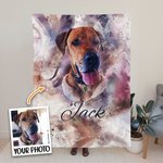 Personalized Watercolour Pet Portrait Photo Soft Blanket with Name Memorial Birthday Gift for Pet Lovers Owners
