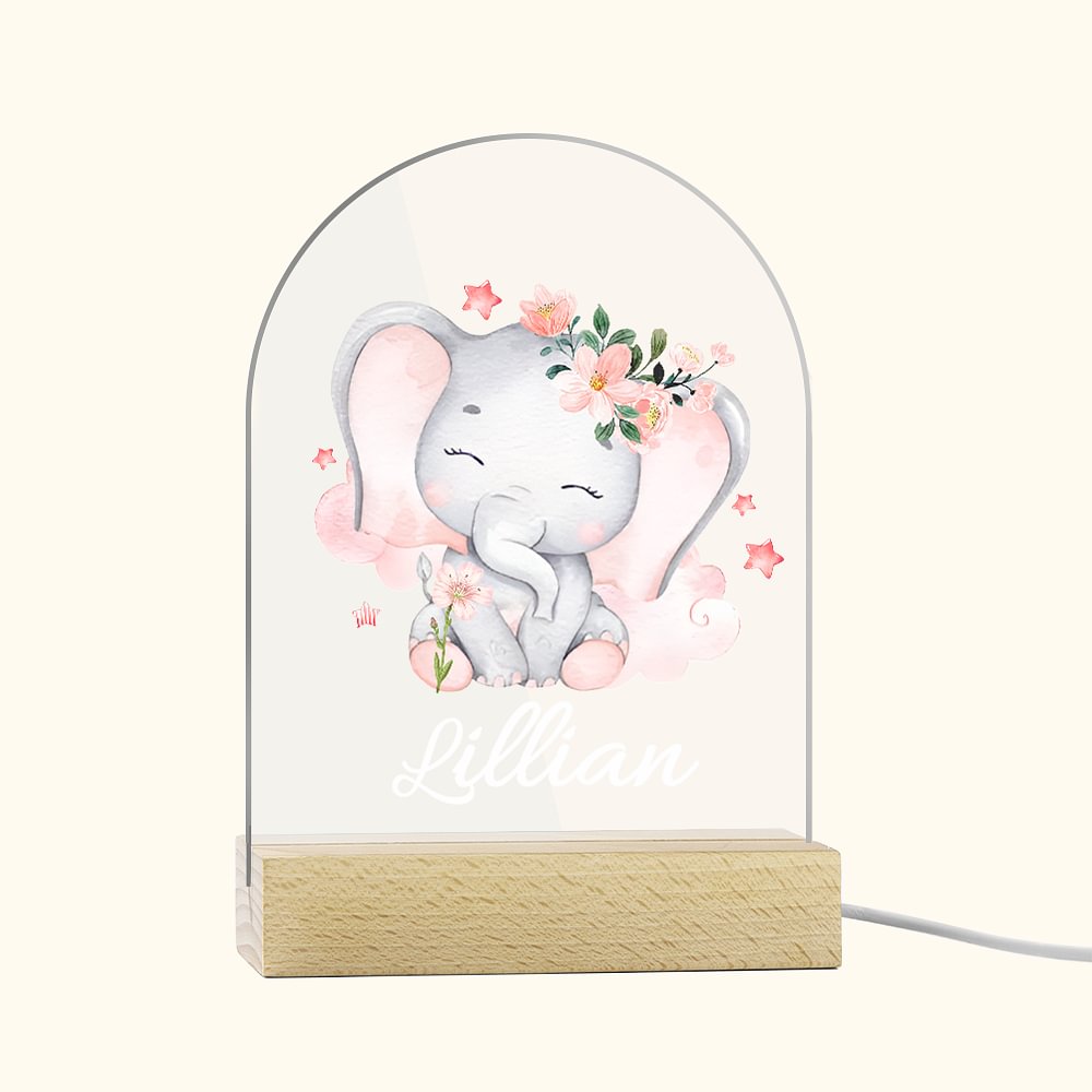 Plaque en Acrylique Personnalisée avec Nom Décoration Lumineuse LED à Motif Éléphanteau Fleur Cadeau Anniversaire pour Enfant