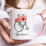 Personalized Birth Flower Stethoscope 11oz Ceramic Coffee Mug with Name Nurse Graduation Birthday for Nurse Doctor Medical Staff