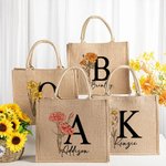 Personalized Durable Birth Flower Jute Tote Bag with Name Initial Birthday Wedding Party Gift for Women