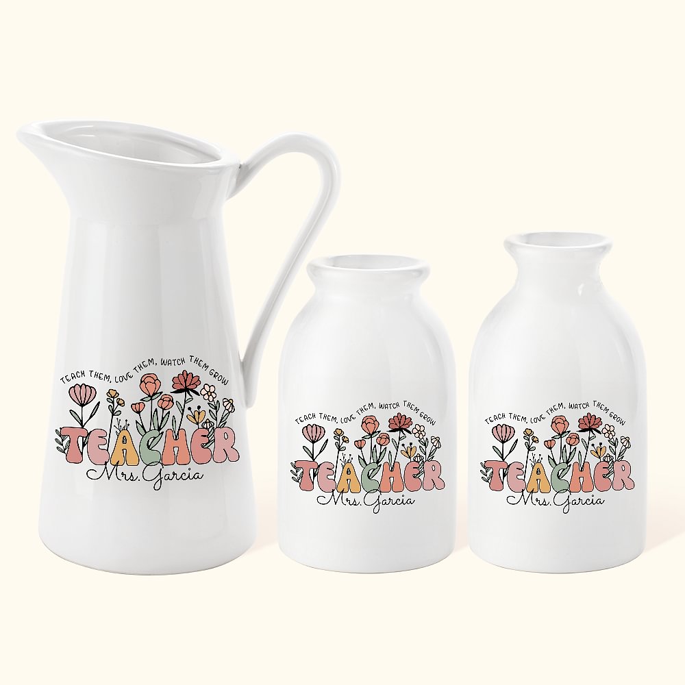 Vase en céramique personnalisé Teach Them Love Them Watch Them Grow Décoration florale pour la maison avec nom Cadeau d'appréciation de la rentrée sco