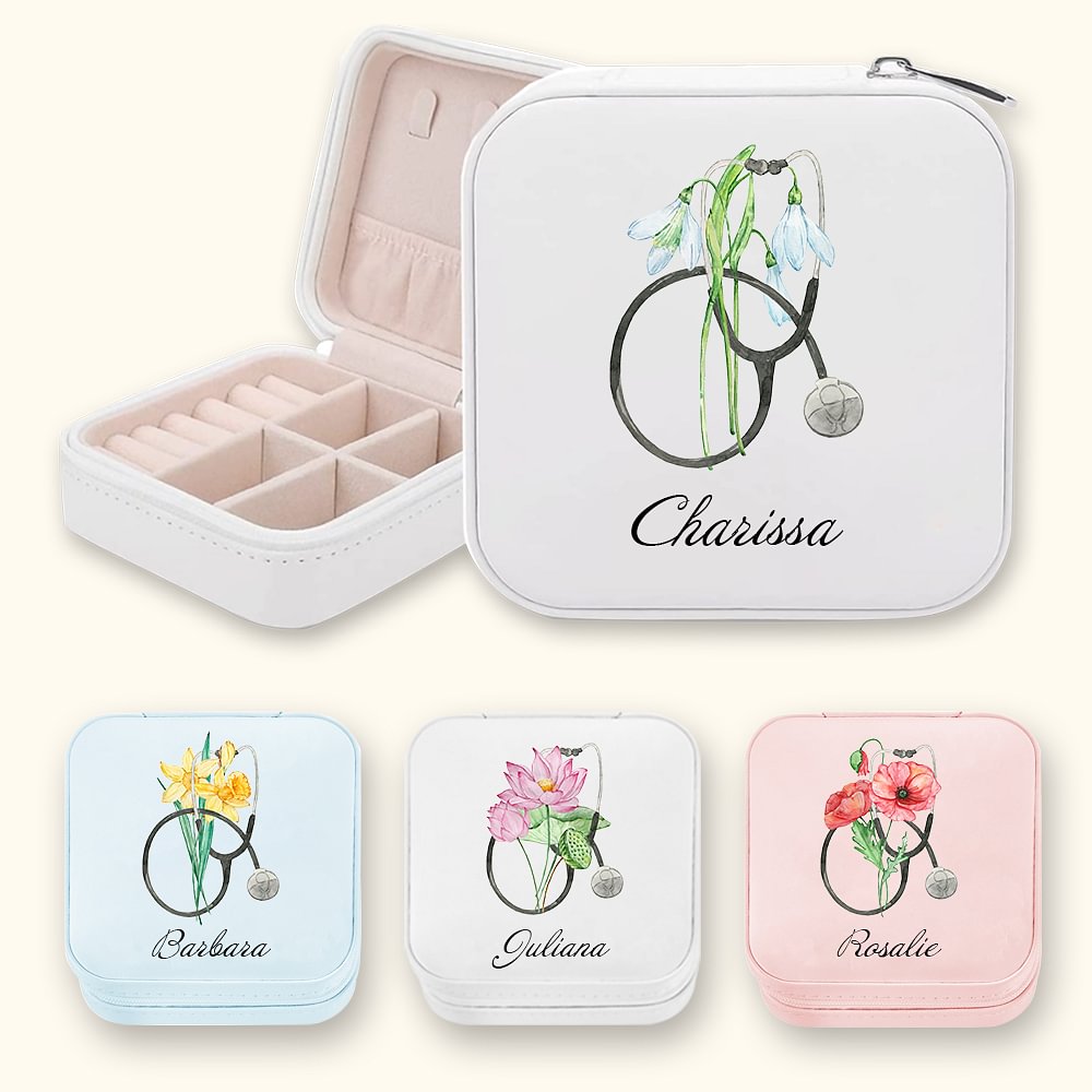 Boîte à Bijoux Portable en Cuir PU Personnalisée avec Fleur de Naissance et Nom Motif Stéthoscope Cadeau de Fin d'Études pour Élève Infirmière