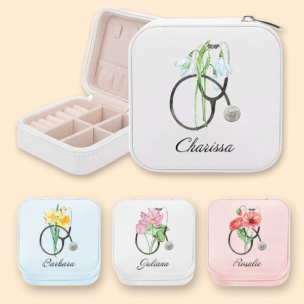 Boîte à Bijoux Portable en Cuir PU Personnalisée avec Fleur de Naissance et Nom Motif Stéthoscope Cadeau de Fin d'Études pour Élève Infirmière