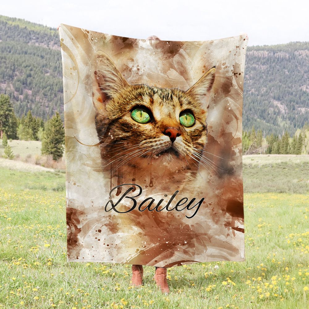 Couverture Douce Personnalisée avec Nom et Portrait d'Animal Aquarelle Cadeau Anniversaire pour Propriétaires d'Animaux de Compagnie