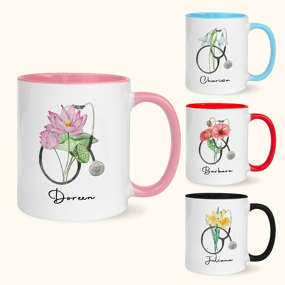 Mug en Céramique Personnalisé avec Fleur de Naissance Stéthoscope et Nom Cadeau Graduation Anniversaire pour Infirmière Médecin Personnel Médical