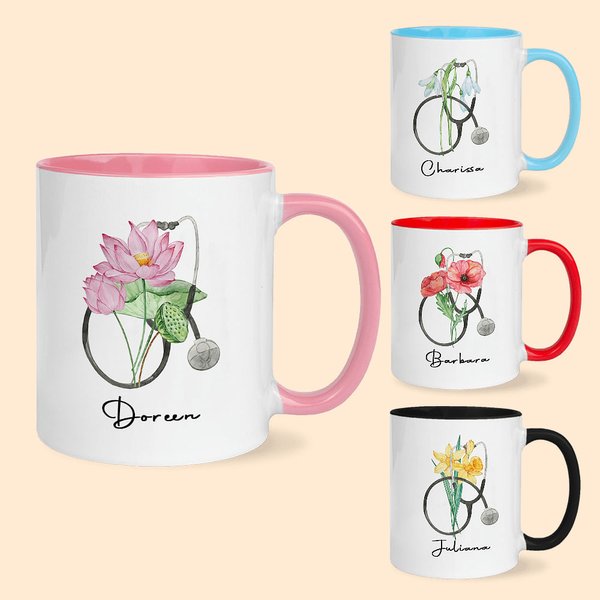 Personalisierte Geburt Blume Stethoskop 11oz keramische Kaffeetasse mit Namen Krankenschwester Graduierung Geburtstag für Krankenschwester Arzt medizi