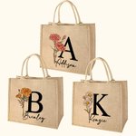 Personalized Durable Birth Flower Jute Tote Bag with Name Initial Birthday Wedding Party Gift for Women