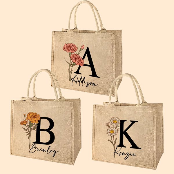 Personalisierte Geburtsblume Jute Tasche mit Initiale und Namen Langlebige Tote Bag Geburtstag Hochzeit Party Geschenk für Damen