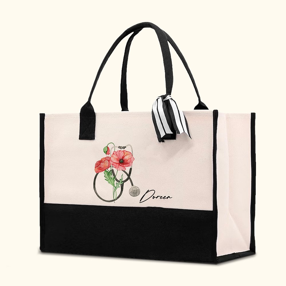 Sac en Toile de Grande Capacité Personnalisé avec Nom et Fleur de Naissance Motif Stéthoscope Cadeau d'Anniversaire pour Infirmière Médecin