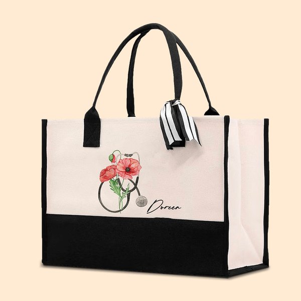 Personalizzato nascita fiore stetoscopio grande capacità tela Tote Bag con nome infermiere regalo di compleanno per infermiere medico