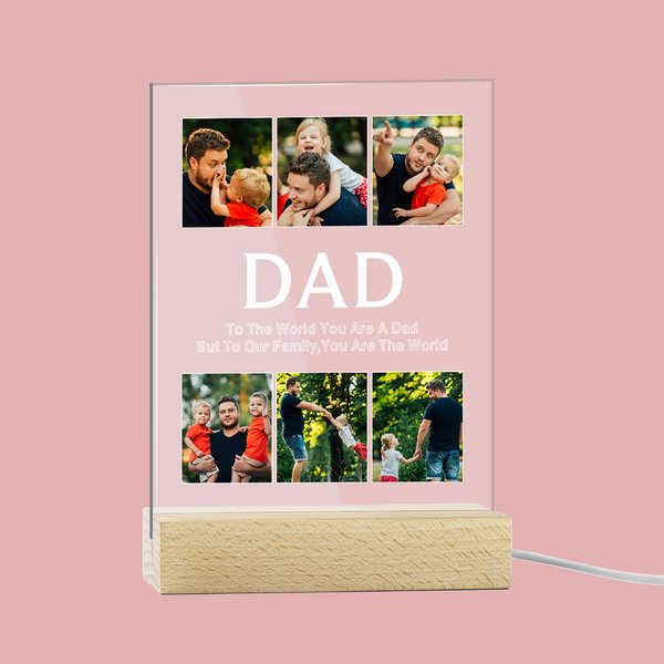 Plaque Acrylique Personnalisée avec 2-9 Photos Collage et Texte Veilleuse Lumière LED Décoration Maison Cadeau Fête des Pères pour Papa Grand-père