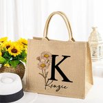 Personalized Durable Birth Flower Jute Tote Bag with Name Initial Birthday Wedding Party Gift for Women