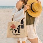 Personalized Durable Birth Flower Jute Tote Bag with Name Initial Birthday Wedding Party Gift for Women