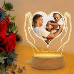 Personalized Hands Holding Heart Photo LED Night Light with Wood Base Home Decor Anniversary Father's Day Gift for Family