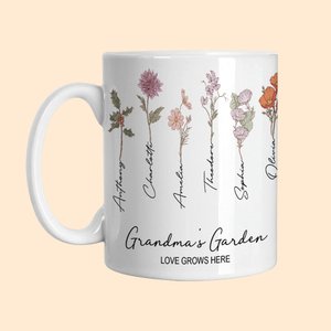 Personalized Love Grows Here 11oz Ceramic Mug with 1-15 Birth Flowers and Names Mother's Day Gift for Mother Grandma