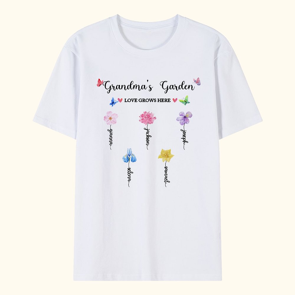 T-shirt personnalisé Grandma's Garden Watercolor Birth Flower Sweatshirt avec 1-14 Noms Fête des Mères Cadeau d'Anniversaire pour Femme