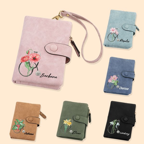 Personalisierte Geburt Blume Stethoskop Leder gefaltet Handgelenk Brieftasche mit Karteninhaber Graduierung Anerkennung Geschenk für Krankenschwester 