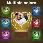 Personalized Hands Holding Heart Photo LED Night Light with Wood Base Home Decor Anniversary Father's Day Gift for Family