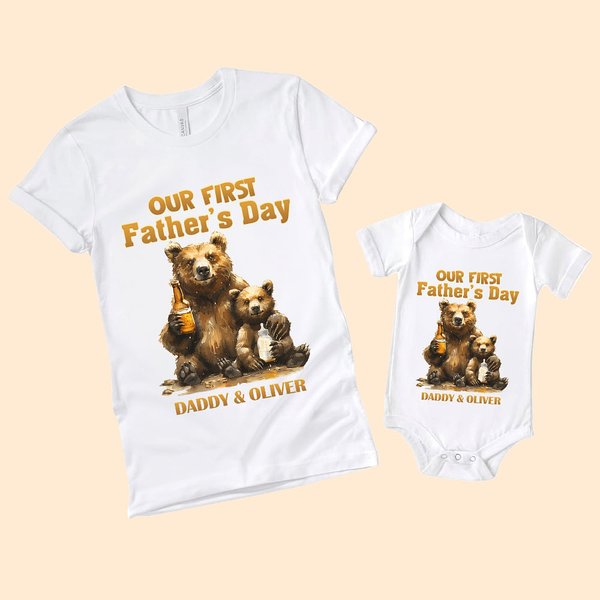 T-shirt et Onesies Bébé 100% Coton Personnalisés avec Nom Oursons Père et Bébé Cadeau d'Anniversaire Fête des Pères pour Papa Enfant