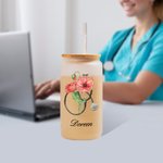 Personalized Watercolour Birth Flower Stethoscope 20oz Frosted Glass Tumbler with Bamboo Lid and Straw Nurse Week Graduation Gift for Nurse Doctor