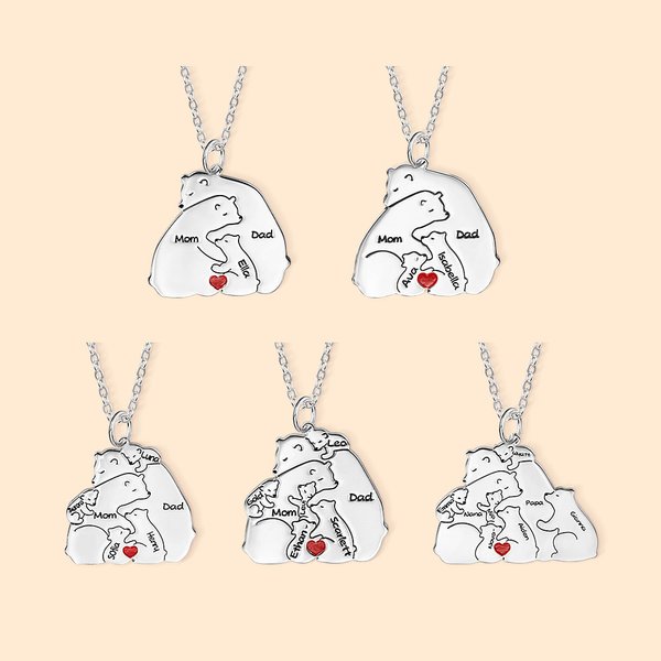 Personalisierte Umarmung Bär Familie Halskette mit Baby Bären Liebe Herz und eingravierte Namen Muttertag Vatertag Geschenk für Eltern Großeltern