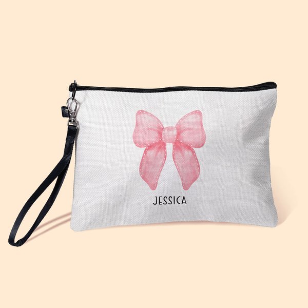 Personalisierte rosa Coquette Bogen Make-up-Tasche mit Namen und Handschlaufe Geburtstag Hochzeit Geschenk für sie