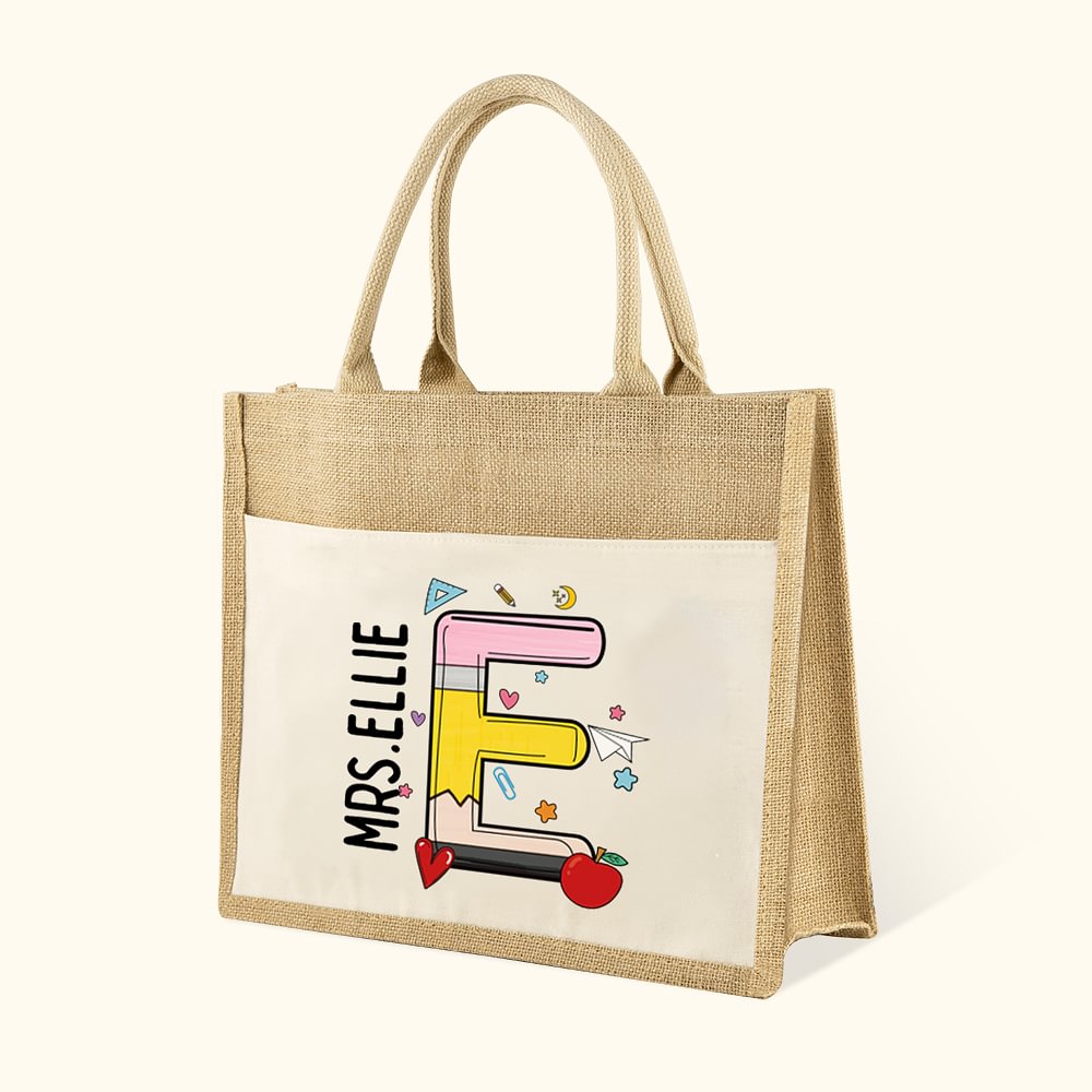Sac Fourre-tout en Toile de Jute Personnalisé avec Nom Initiale Journée des Enseignants Cadeau de Saison pour École Enseignant