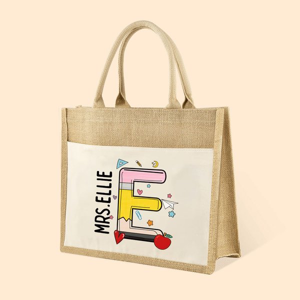 Personalized Cute Graffiti Stationery Jute Tote Bag with Name Initial Teacher’s Day School Season Gift for Teacher