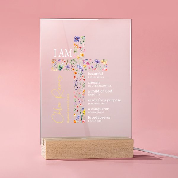 Gepersonaliseerd Bloemkruis Bijbelvers Naam LED Nachtlampje met Houten Voet Eerste Heilige Communie Doopcadeau voor haar