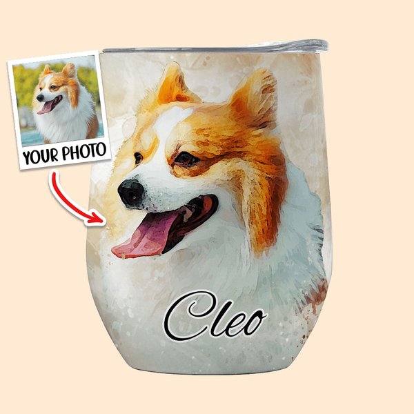 Personalised Watercolor Pet Portrait Painting 12oz Wine Tumbler with Name Lid and Straw Birthday Pet Loss Memorial Gift for Cat Dog Pet Lover